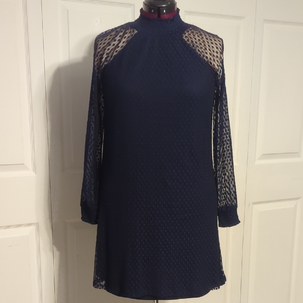 Elegant Blue Sheath Dress with Long Raglan Sleeves and Mock Neck for Cocktail